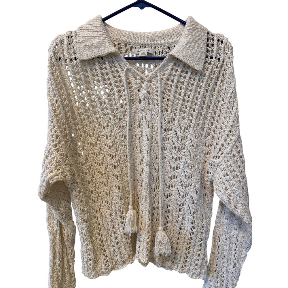 American Eagle Crochet Polo Sweater Cream Womens Medium Open Knit Tassel Boho